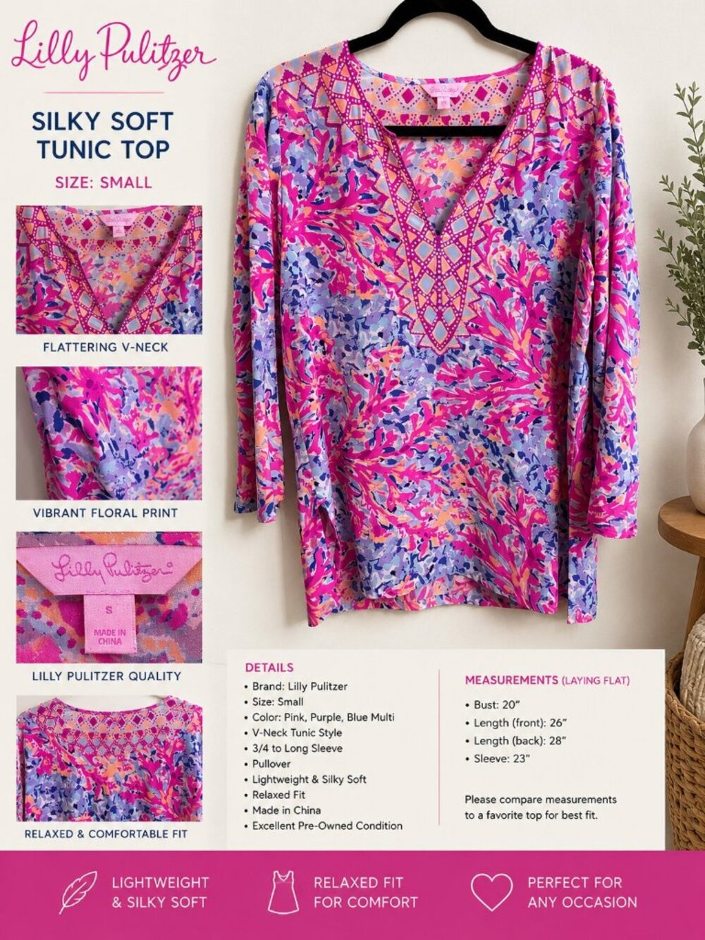 Lilly Pulitzer Women's Small Pink Blue Coral Print Tunic Top V-Neck 3/4 sleeve